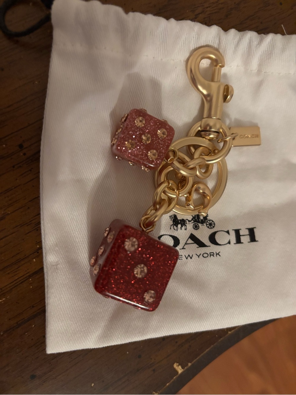 Coach Gold-Tone Keyring with Red Glitter Dice Charms - Picture 5 of 5